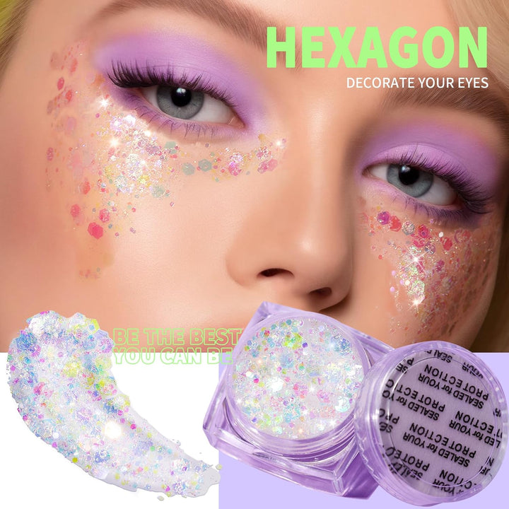 Face Glitter Body Glitter, Clear White Body Glitter Gel, Hair Glitter Gel, 6 Shapes Rave Glitter, Mermaid Sequins Makeup Glitters Face Paint, Chunky Sparkling Glitter Gel for Women