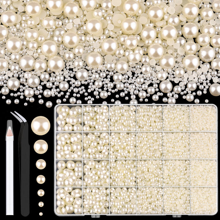 13000Pcs Flatback Pearls for Crafting (White), Assorted Size 2/3/4/5/6/8/10Mm Half Pearl Bead Gems with 3Pcs 10Ml B7000 Jewelry Glue, Bedazzling Kit for Crafts Shoes Graduation Cap Nail Art