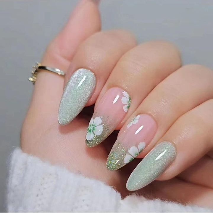 Press on Nails Almond Fake Nails French Tip False Nails with Gold Line Design Glue on Nails Press Ons Medium Acrylic Nails Glossy Full Cover Stick on Nails for Women Manicure 24Pcs