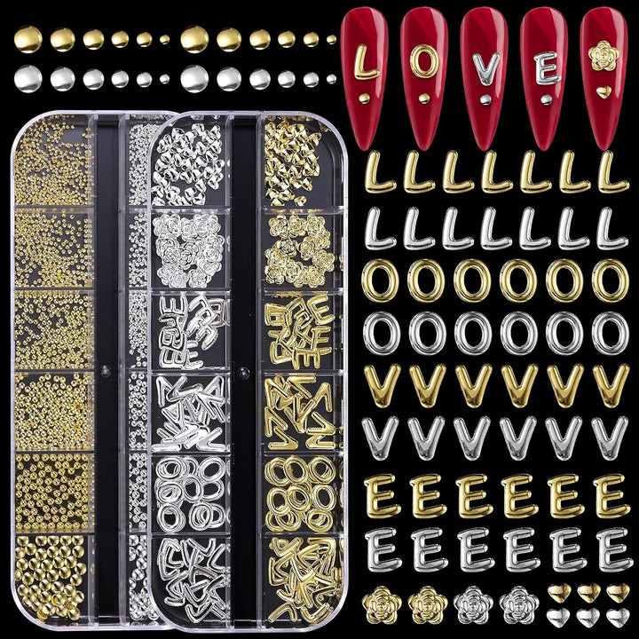 2 Boxes Gold Star Nail Gems Charms, Metal Starshine Studs, Silver Golden Micro Caviar Beads, DIY Accessories for Nail Art