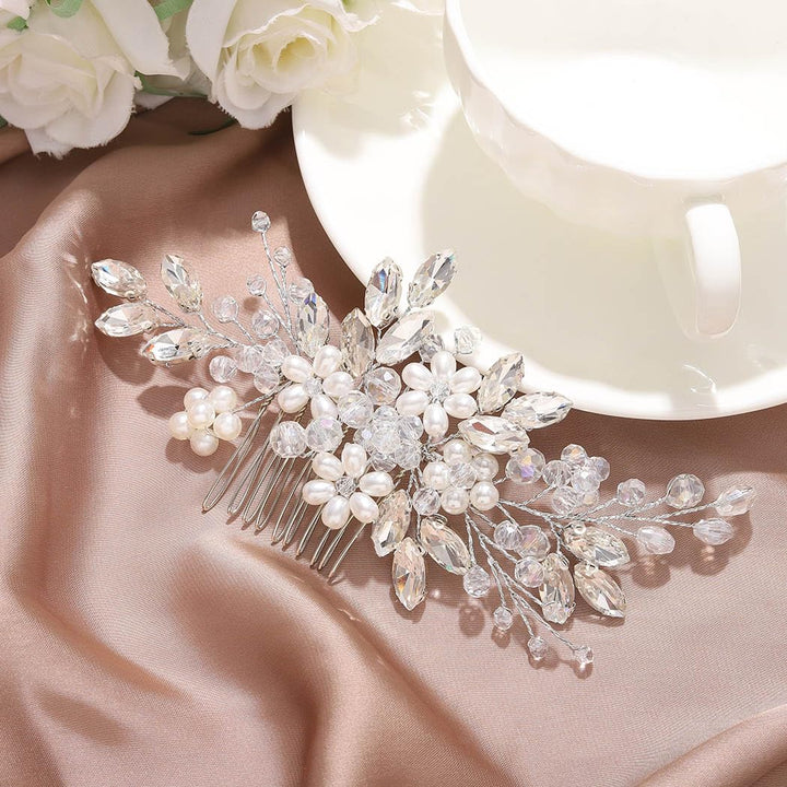 Bride Wedding Hair Comb Pearl Flower Hair Piece Rhinestone Bridal Hair Accessories for Women HC034 (Silver)