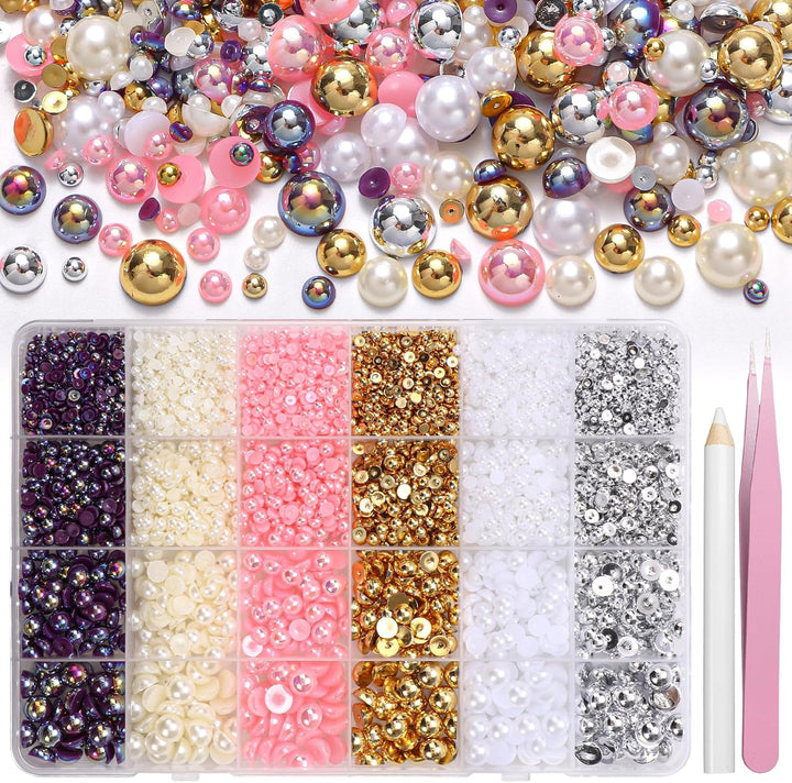 9000Pcs Flatback Pearls for Crafting, Silver Gold White Nail Half Pearls and Gems, 3-8Mm Color Pink Beige Purple Half round ABS Flatback Pearl Beads Bedazzling for Nails DIY Shoes Clothes Bags