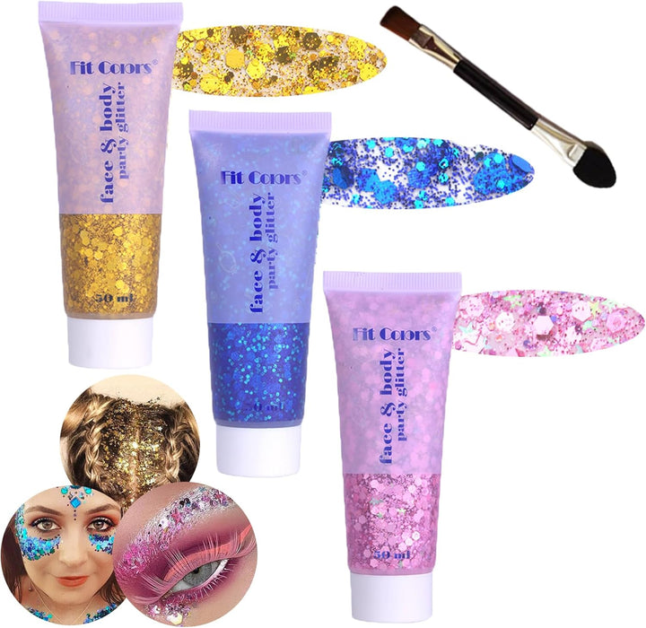 Body Glitter Face Glitter Gel: Singer Concerts Disco Festival Rave Accessories Face Glitter Makeup 150Ml Chunky Sequins Mermaid Face Body Hair Glitter Gel (White&Silver&Pink)