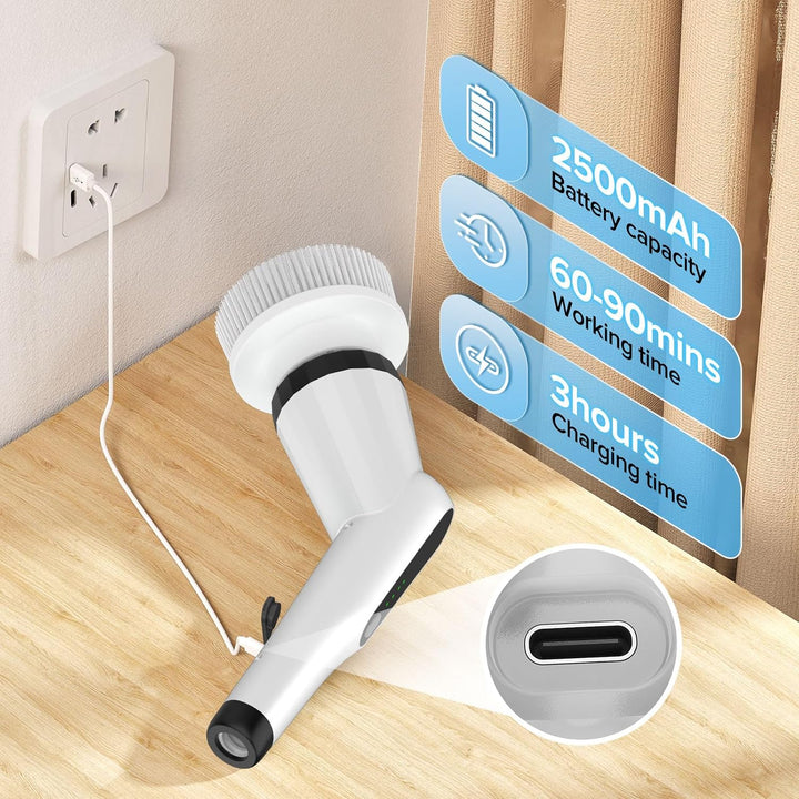 Electric Spin Scrubber,  IPX7 Bathroom Scrubber with 7 Replaceable Brush Heads & Retractable Handle, 2-Speed Adjustable Shower Cleaner Brush for Bathroom, Bathtub, Kitchen, Tile Floors