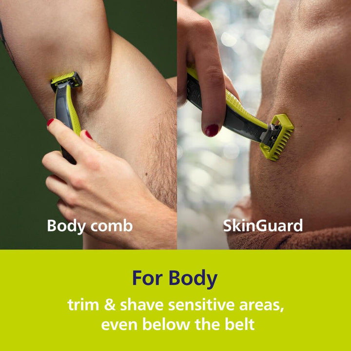 Oneblade 360 Hybrid Blade for Face + Body, Electric Beard Trimmer, Shaver and Groomer, with 360 Blade Technology, 5In1 Adjustable Comb, 1X Body Kit, Model QP2834/70, Black/Lime Green