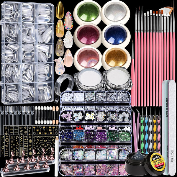 Acrylic Nail Kit with Chrome Powder, Almond Tips, Art Brushes, Charms, 3D Gel, Tools, Stand - Beginner Set