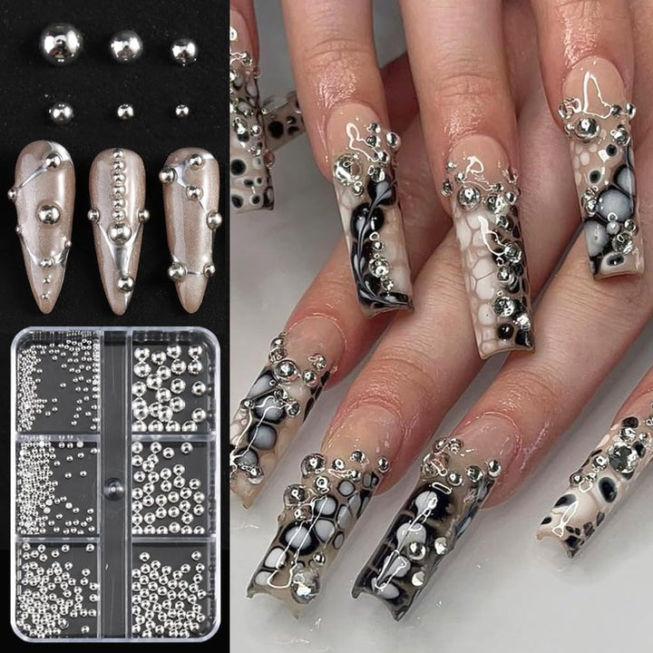 3D Mixed Sizes Nail Art Studs Gold Silver Mini Metal Caviar Nails Beads Ball Nail Rivets Jewelry for Women Girls Manicure Nails Supplies DIY Crafts Decorations