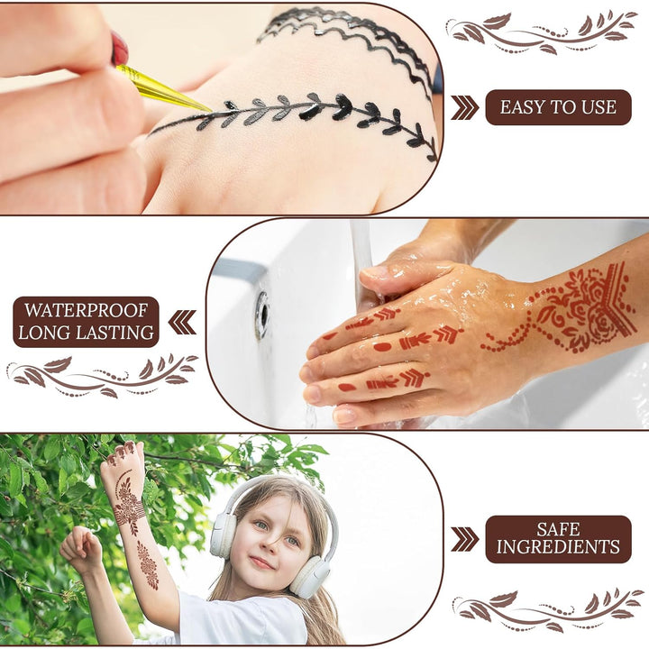 Temporary Tattoo Stencil Kit 10 Sheets, 6 Pcs Tattoo Cones 3 Color (Black/Brown/Cherry Red) with Brush/Cotton Swabstool, India Art Skin Painting Designs for Women Men Kids DIY Gifts