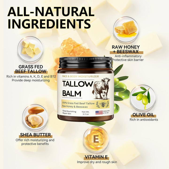 Beef Tallow for Skin, Organic Whipped Tallow and Honey Balm, Grass Fed Beef Tallow Face Moisturizer, Natural Tallow Skin Care Cream Body Butter, Nourish and Soothe Dry Skin