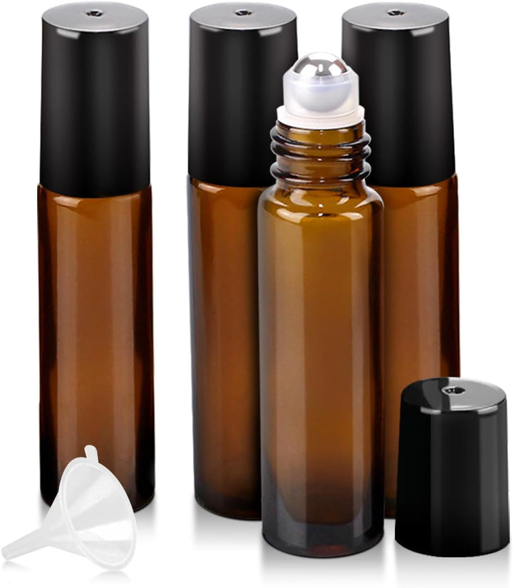 4 Pack Essential Oil Roller Bottles, 10Ml Refillable Amber Glass Roller Bottles with Stainless Steel Roller Balls and Caps for Travel, Perfume and Lip Gloss