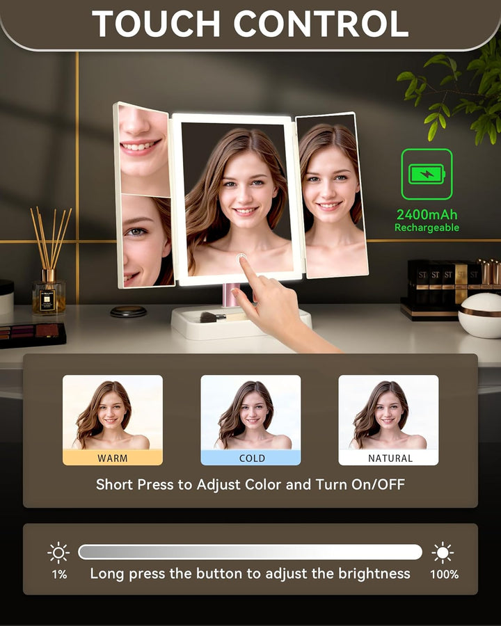 For Mom Makeup Mirror Vanity Mirror with Lights, 14.4" L X 9.1" W Rechargeable Lighted Mirror with 1X 2X, 3X, Magnification, Tap to Glow