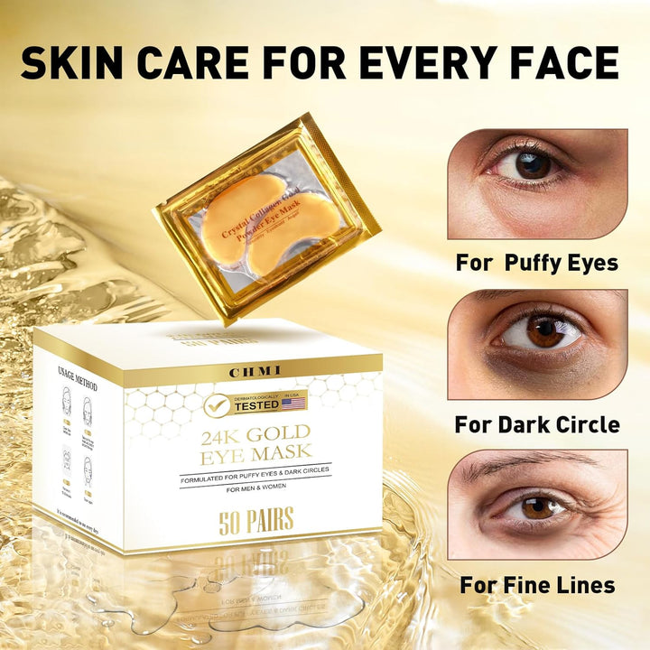 under Eye Patches (50 Pairs) - 24K Gold Eye Patches for Puffy Eyes, Dark Circles, Eyebags and Wrinkles, Collagen Skin Care Products, Beauty & Personal Care