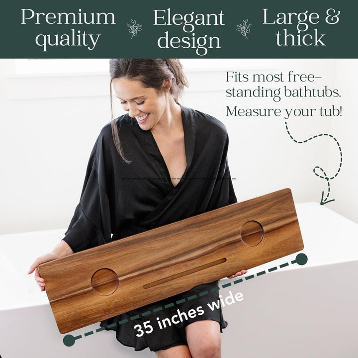 Premium  Bathtub Tray for Freestanding Bath | Large & Thick 35” Acacia Wood Luxury Bath Tray for Tub | Anti-Tip, Non-Toxic, Adjustable Bathtub Trays for Tub with Bathroom Accessories Holder