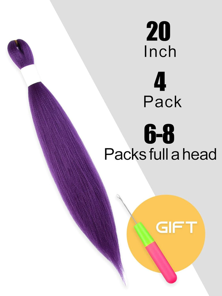 Purple Braiding Hair 20 Inch Pre Stretched Hair Long Straight Crochet Braids Yaki Texture Synthetic Fiber 4 Packs (Dark Purple)