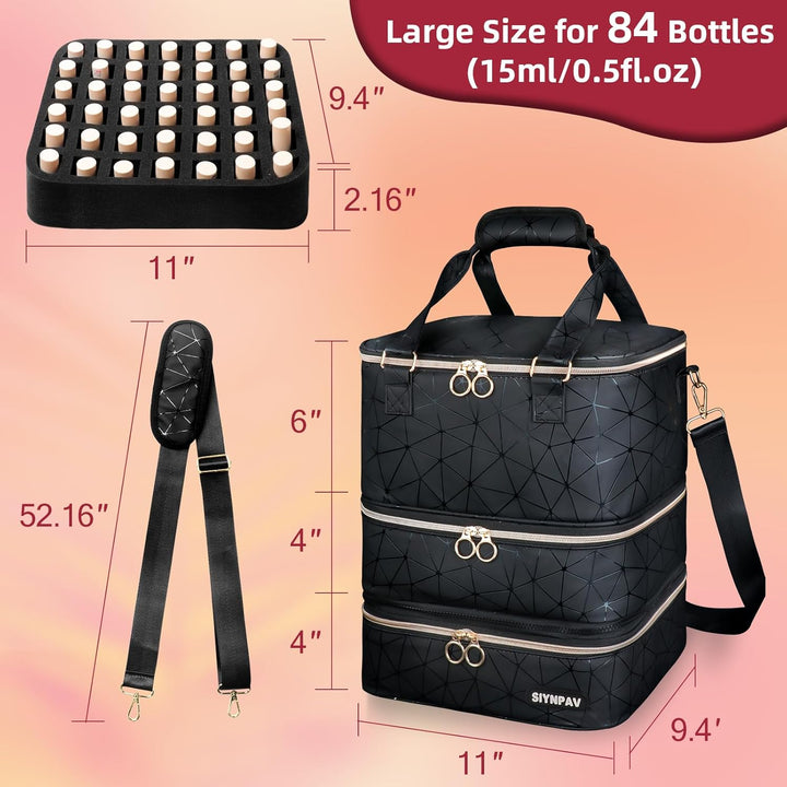 Nail Polish Organizer Bag Holds 84 Bottles (15Ml/0.5Fl.Oz)& Nail Lamp, 3 Layers Detachable Nail Kit Storage Case PU Leather, Large Travel Nail Supplies Shoulder Bag for Manicure Tools (Black)