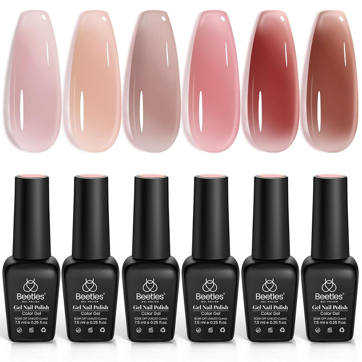 Beetles Nude Gel Nail Polish Set - 6 Colors Nude Pink Brown Neutral Jelly Gel Polish Kit Sheer Translucent Effect Soak off UV Nail Art Design Drunken Rose Collection Manicure Gift for Women