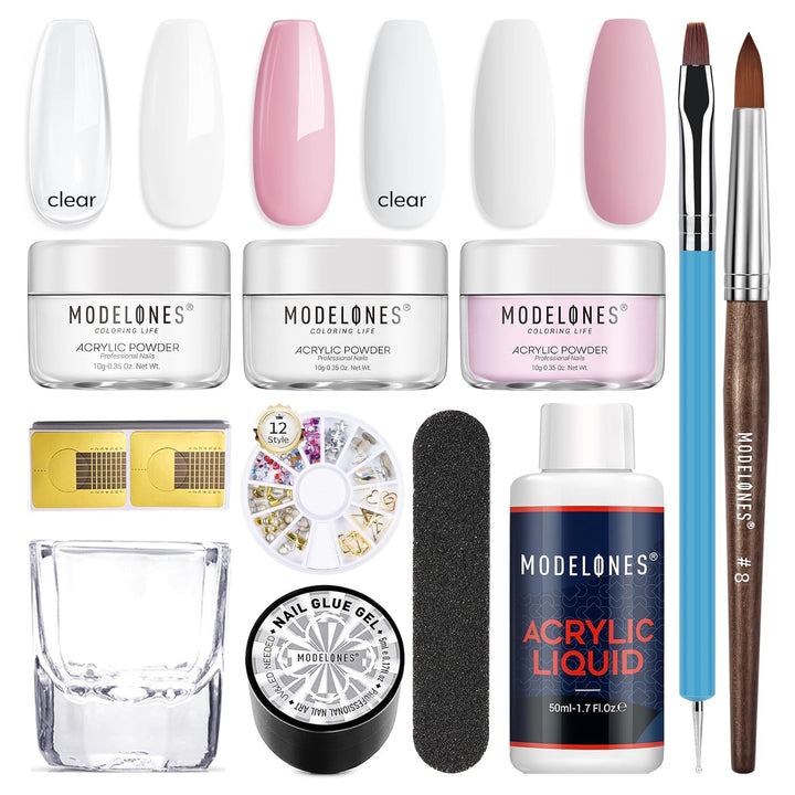 Acrylic Nail Kit: Clear White Pink Acrylic Powder and Liquid Set with Gel Nails Glue, Brushes, 11Pcs Set for Beginner
