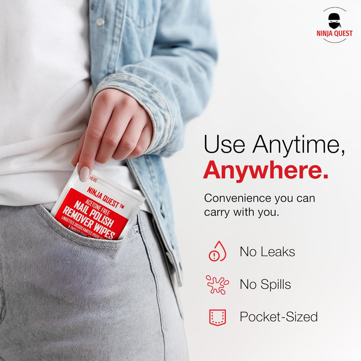 Nail Polish Remover Pads - 100% Non-Acetone - 50 Pack Bulk Set - Individually Wrapped - Quick Nail Polish Remover Wipes - Fingernail Travel Kit to Clear Nail Polish for Home & Professional Removal