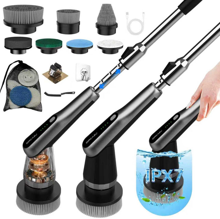 Electric Spin Scrubber,  IPX7 Bathroom Scrubber with 7 Replaceable Brush Heads & Retractable Handle, 2-Speed Adjustable Shower Cleaner Brush for Bathroom, Bathtub, Kitchen, Tile Floors
