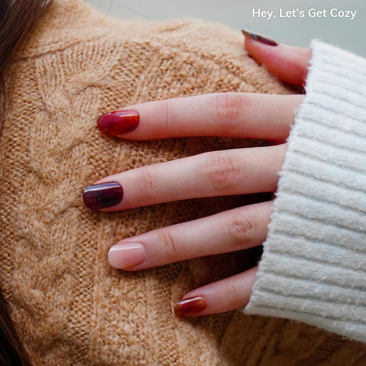 Semi Cured Gel Nail Strips | No LED Lamp Needed | Fall, Marble, Brown | Easy Apply & Remove, Salon Quality | Includes 28 Strips, 1 Prep Pads, Nail File & Wooden Stick - Hey, Let’S Get Cozy