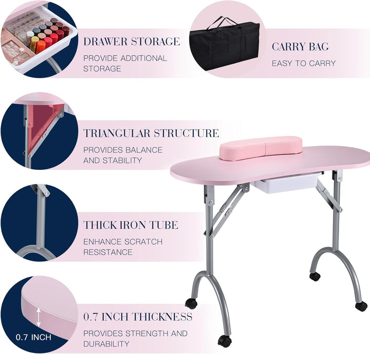 Professional Foldable & Portable Manicure Table Nail Technician Desk Workstation 4 Lockable Wheels with Drawer Client Wrist Pad Free Carrying Bag Travel Nail Tech Spa Beauty Table Pink