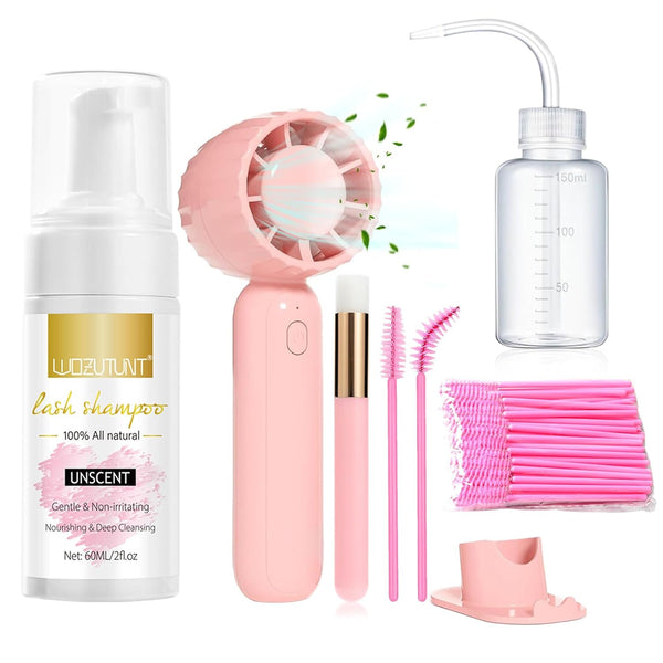 Eyelash Extension Cleanser Lash Mousse Lash Shampoo for Extensions, USB Mini Portable Fan Rechargeable Electric Handheld Air Conditioning (Lash Kit-Handheld Fan)