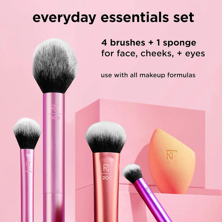 5 Piece Everyday Essentials Makeup Brush Set, Includes 4 Brushes & Makeup Sponge, for Foundation, Blush, Bronzer, Contour, Eyeshadow, & Powder, Travel Gift Set, Cruelty-Free & Vegan