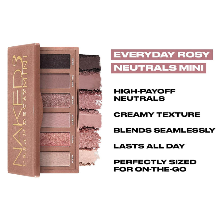 Naked 3 Mini Eyeshadow Palette - 6 Soft Pink Shadows, Multi-Use Matte & Shimmer Finishes, Ultra-Blendable Everyday Rosy Neutrals, Long-Lasting up to 12HR Wear, Travel Makeup with Mirror