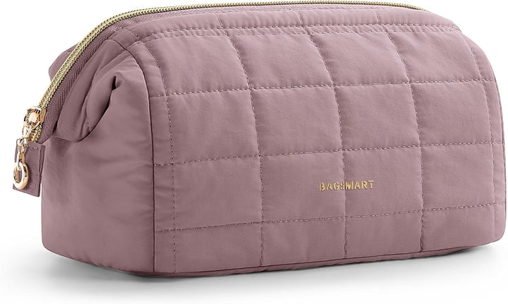 Makeup Bag Travel Toiletry Bag, Puffy Padded Make up Bags for Women Makeup Organizer Case, Wide-Open Pouch Purse Travel Essentials Toiletries Accessories Brushes, Pink