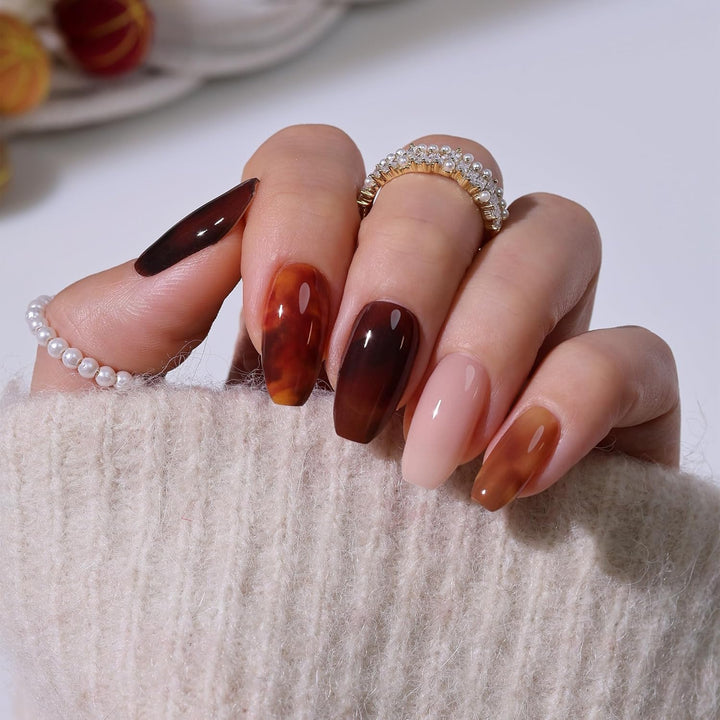 Semi Cured Gel Nail Strips | No LED Lamp Needed | Fall, Marble, Brown | Easy Apply & Remove, Salon Quality | Includes 28 Strips, 1 Prep Pads, Nail File & Wooden Stick - Hey, Let’S Get Cozy