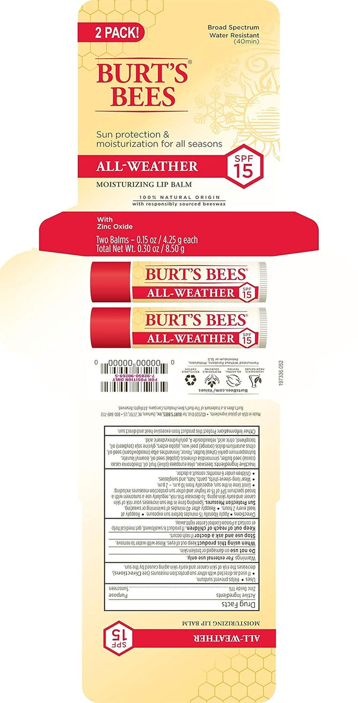 All Weather SPF 15 Lip Balm, Water-Resistant Lip Moisturizer, Tint-Free, Natural Conditioning Treatment, 2 Tubes, 0.15 Oz.