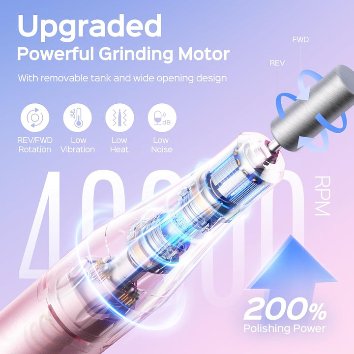 Professional Rechargeable Electric Nail Drill 40000 RPM, Portable Nail File with Storage Stand for Acrylic Gel Polishing Removing - Easy to Use for Women, Manicure at Home DIY or Salon, Pink