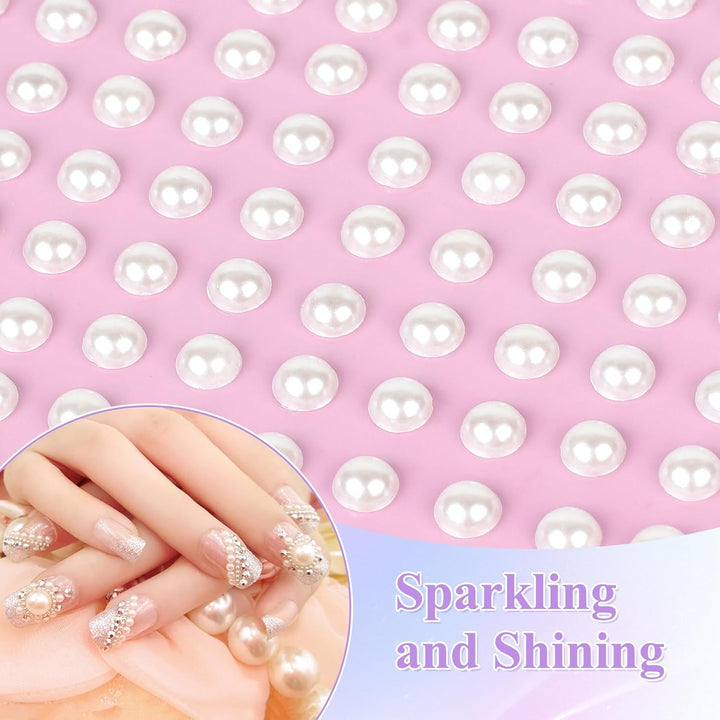 3732Pcs Hair Pearls, 3/4/5/6/8Mm White and Beige Pearl Stickers for Crafts, Hair Pearls Stick on Body Gems for Eye Nails Make up and DIY Decorations