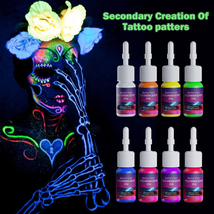 8Color Fluorescent Tattoo Ink Set, 8Pcs Tattoo Ink Color Set,Glow in the Blacklight, Skin-Safe Permanent Tattooing for 3D Makeup Beauty Skin Body Art, 0.17Fl Oz 5Ml/Bottle