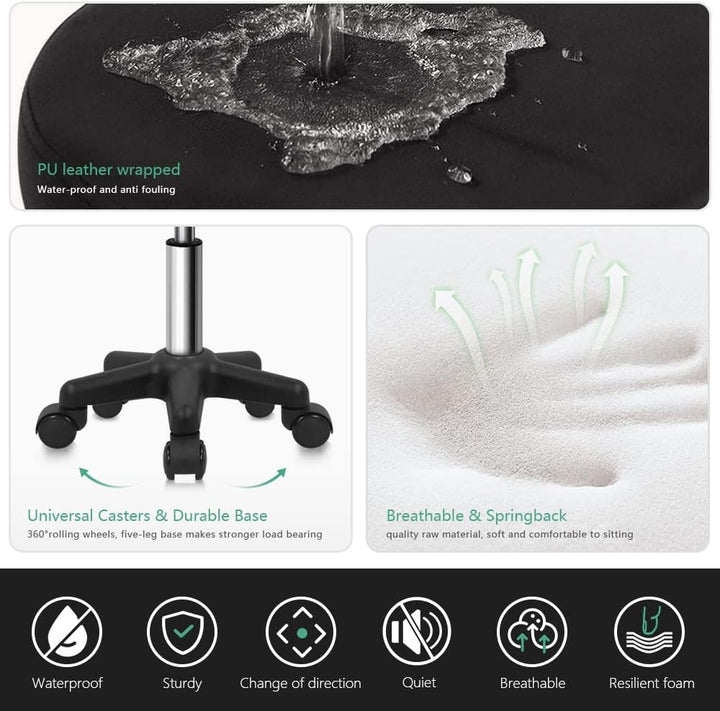 round Rolling Stool Height Adjustable Stool with Wheels for Spa Salon Massage Black