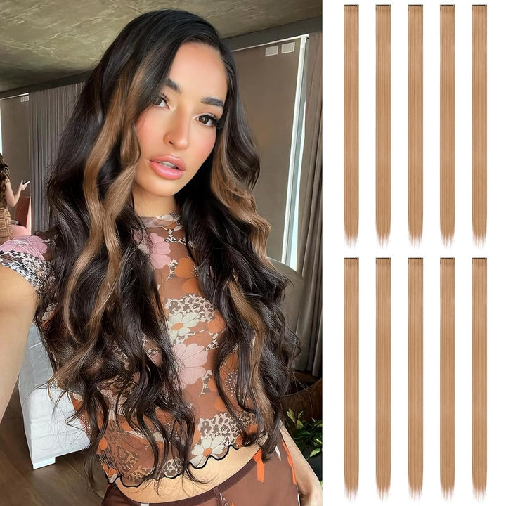 Colored Clip in Hair Extensions - 10 PCS Skyblue Light Blue Highlighted Hair Piece Straight Synthetic Clip in Hairpieces for Women 22 Inch