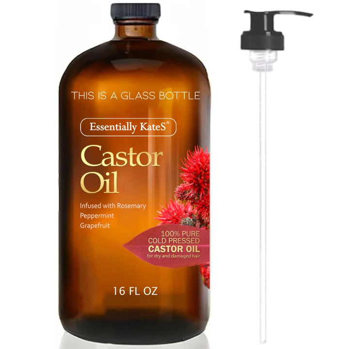 Castor Oil 16 Fl Oz (Glass Bottle) - Original - a Huge Glass Bottle with a Pump - 100% Pure and Natural, Cold Pressed, and Hexane-Free - Hair and Body