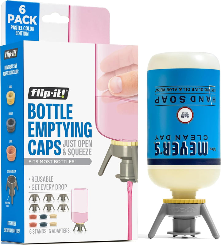2-Pack Premium Bottle Emptying Kit – No More Wasted Product - Fits Most Plastic Bottles – Get Out Every Drop of Shampoos, Lotions, & More – 2 Base Caps, 6 Adapters – Pastel Color Edition