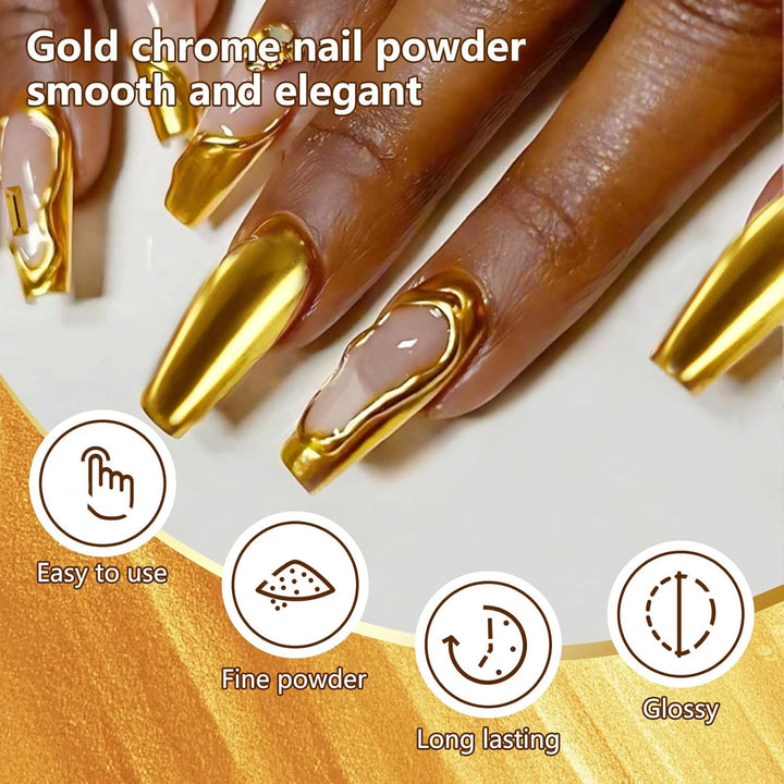 Holographic Mirror Gold Nail Chrome Powder Effect Metallic Dust Sequins UV Gel Gold Chrome Nail Powder Pigment for Nail Art Decoration, Gold Chrome Powder for Nails