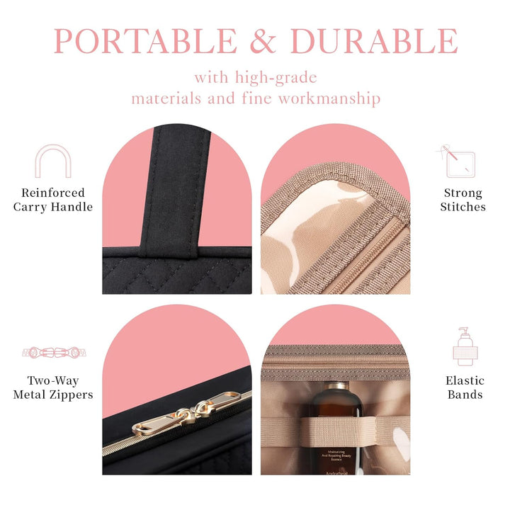 Travel Toiletry Bag W/Hanging Hook - Spacious Toiletry Bag Essentials for Women & Men, Makeup Bag/Big Comparment, Waterproof for Travel Accessories, Medium, Black