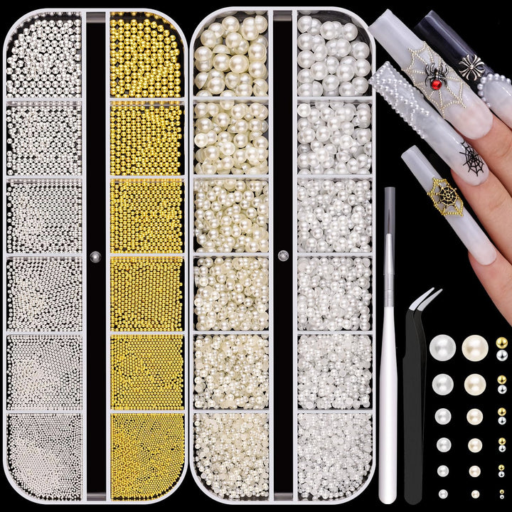 2 Boxes Flatback Pearls (White+Beige) and Metal Nail Beads (Silver+Gold) for Nail Art, Luxurious Pearl Nail Charms and Gems and Small round Caviar Beads Nail Accessories for Acrylic Nail Tips Manicure