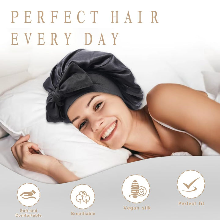 Silk Bonnet for Sleeping Women, Ajustable Hair Bonnet for Curly Hair with Tie Band Shower Caps Black，Large