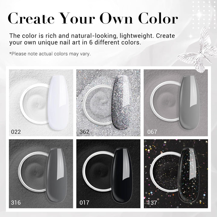 Dip Powder Nail Basic Set White Black Silver Grey Pure Sparkle 6 Colors All Seasons Dipping Powder Starter Kit French Nail Art Manicure DIY Salon for Women, No Need Nail Lamp Cured