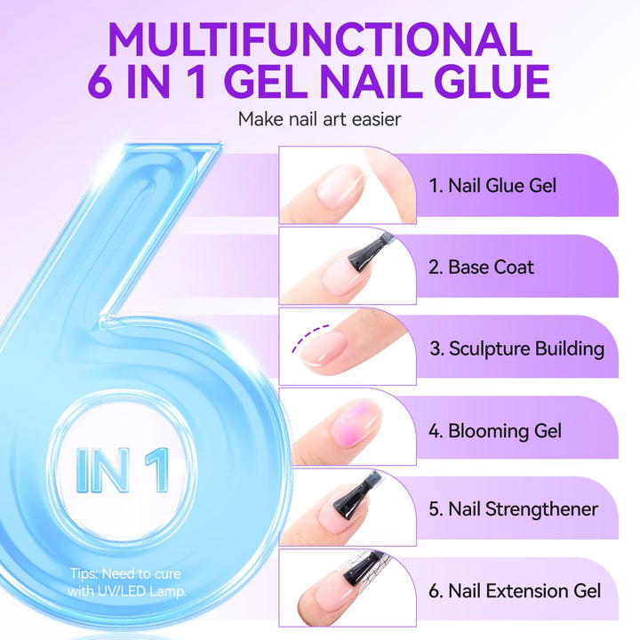 Gel Nail Glue for Press on Nails: 6 in 1 Strong UV Nail Glue for Nail Tips and Acrylic Fake Nail - Long Lasting 28 Days Quick Dry - Beginner Friendly DIY for Home Salon