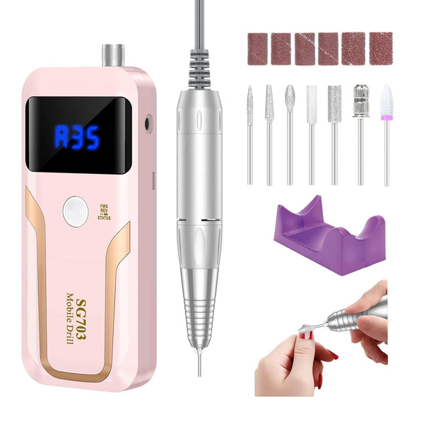 Portable Nail Drill Professional 35000 RPM,  Rechargeable Electric Nail File Machine E File for Acrylic Gel Polishing Removing, Cordless E-File with Bits Kit for Manicure Salon Home, Pink