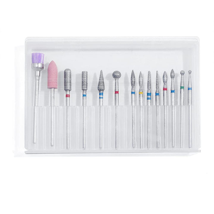 14Pcs Nail Drill Bits Set, Professional Rotary Burrs Diamond Cuticle Remover Bits Kit, 3/32" Electric Manicure Nail File Bit for Acrylic Gel Nails Cuticle Manicure