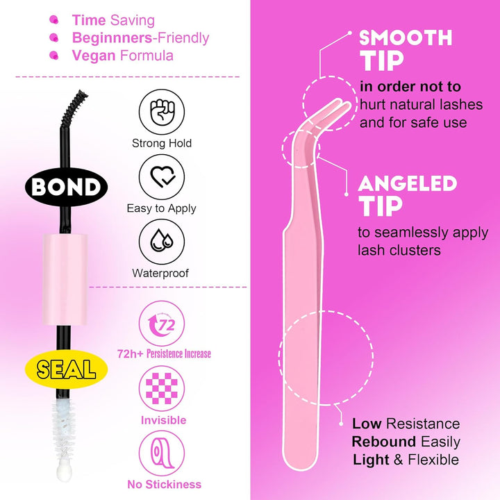 Lash Extension Kit DIY 280Pcs Lash Clusters Eyelash Extension Kit, 9-16Mm 30D 40D Individual Lashes Kit with Lash Bond and Seal, Lash Tweezers for Self Use (30D&40D, 0.07D, 9-16Mm, Kit)