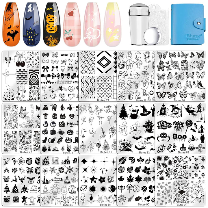 Nail Stamper Kit 15Pcs Nail Art Stamp Plate 8Pcs Stamp Gel Polish 1Pcs Nail Stamper Scraper Set with Storage Bag, Nail Stamp Template Kit Flower Lace Animal Star Halloween Christmas Design