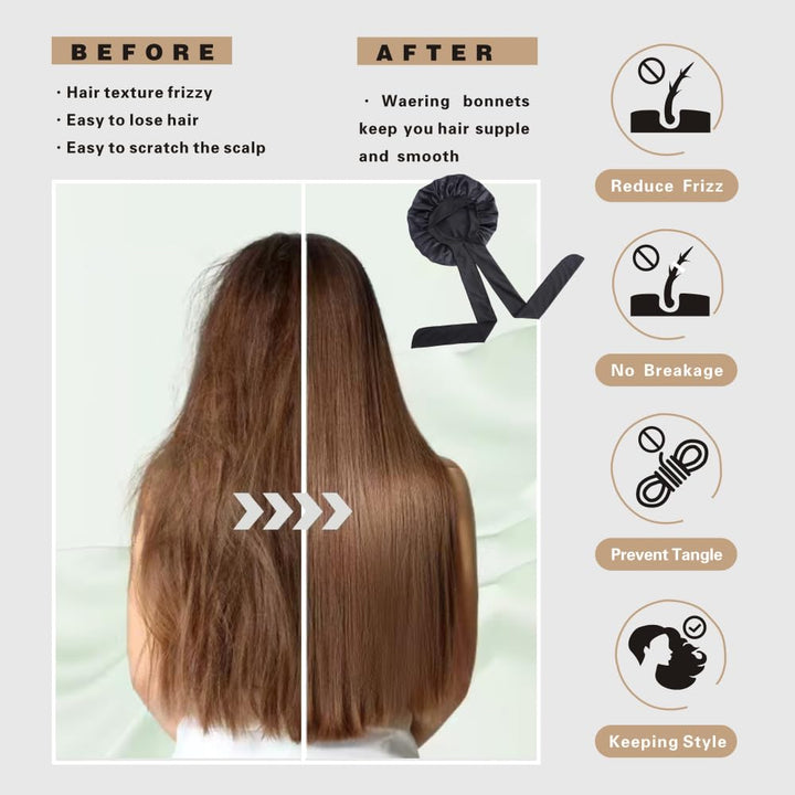 Silk Bonnet for Sleeping Women, Ajustable Hair Bonnet for Curly Hair with Tie Band Shower Caps Black，Large