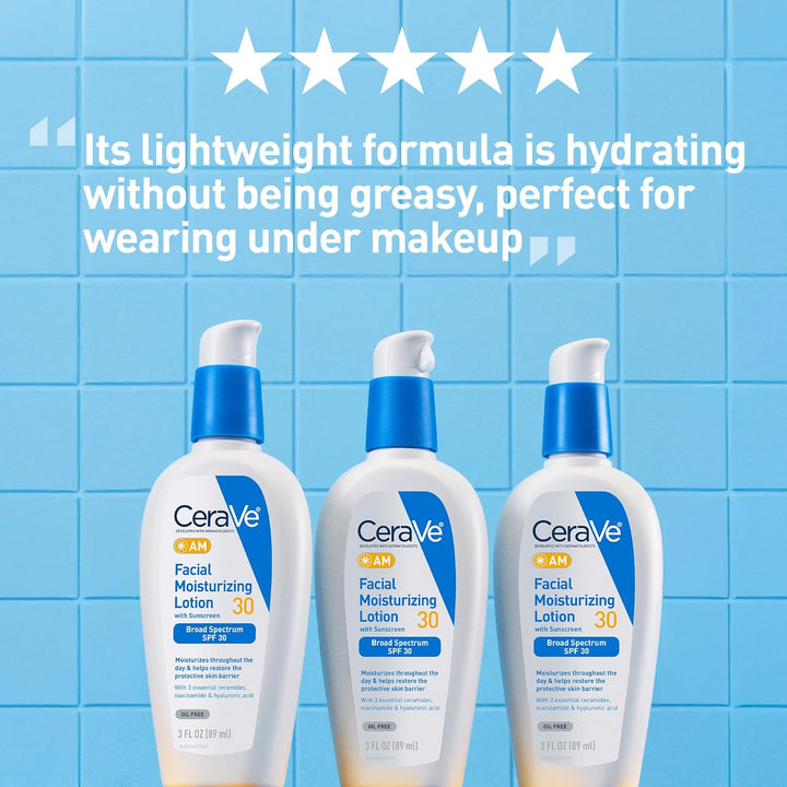 AM Facial Moisturizing Lotion with SPF 30, Oil-Free Face Moisturizer with SPF, Formulated with Hyaluronic Acid, Niacinamide & Ceramides, Non-Comedogenic, Broad Spectrum Sunscreen, 3 Ounce